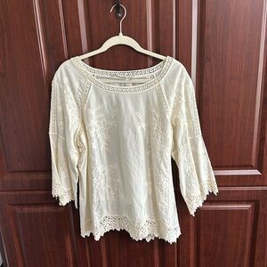 Cream Soft Surroundings tunic with lace and embroidery.